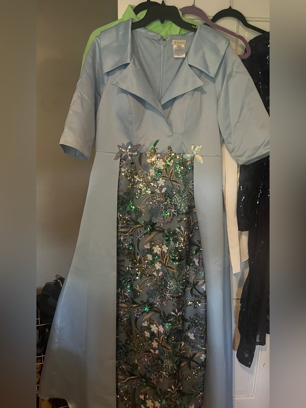Embellished Light Blue Maxi Dress with Floral Sequin Panel